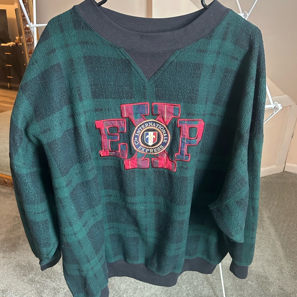Vintage Express Green and Black Plaid Crewneck Sweatshirt - Size XL
